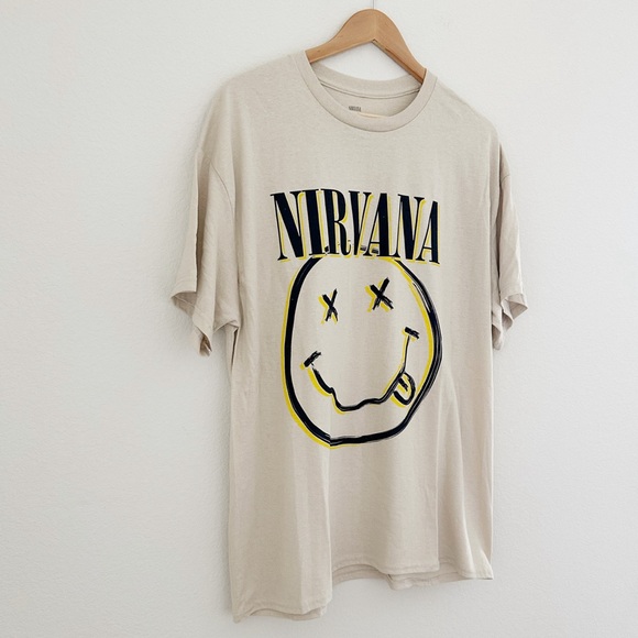 NEW Nirvana Tan Smiley Graphic Tee - Picture 2 of 6